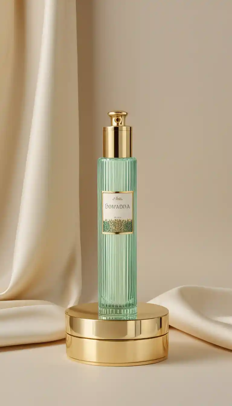 Luxurious glass perfume bottle on gold pedestal display