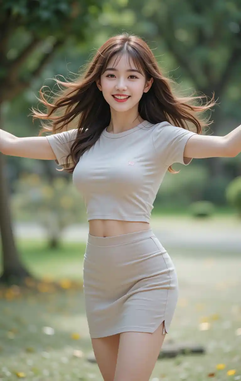 Joyful Korean girl spinning playfully in the park