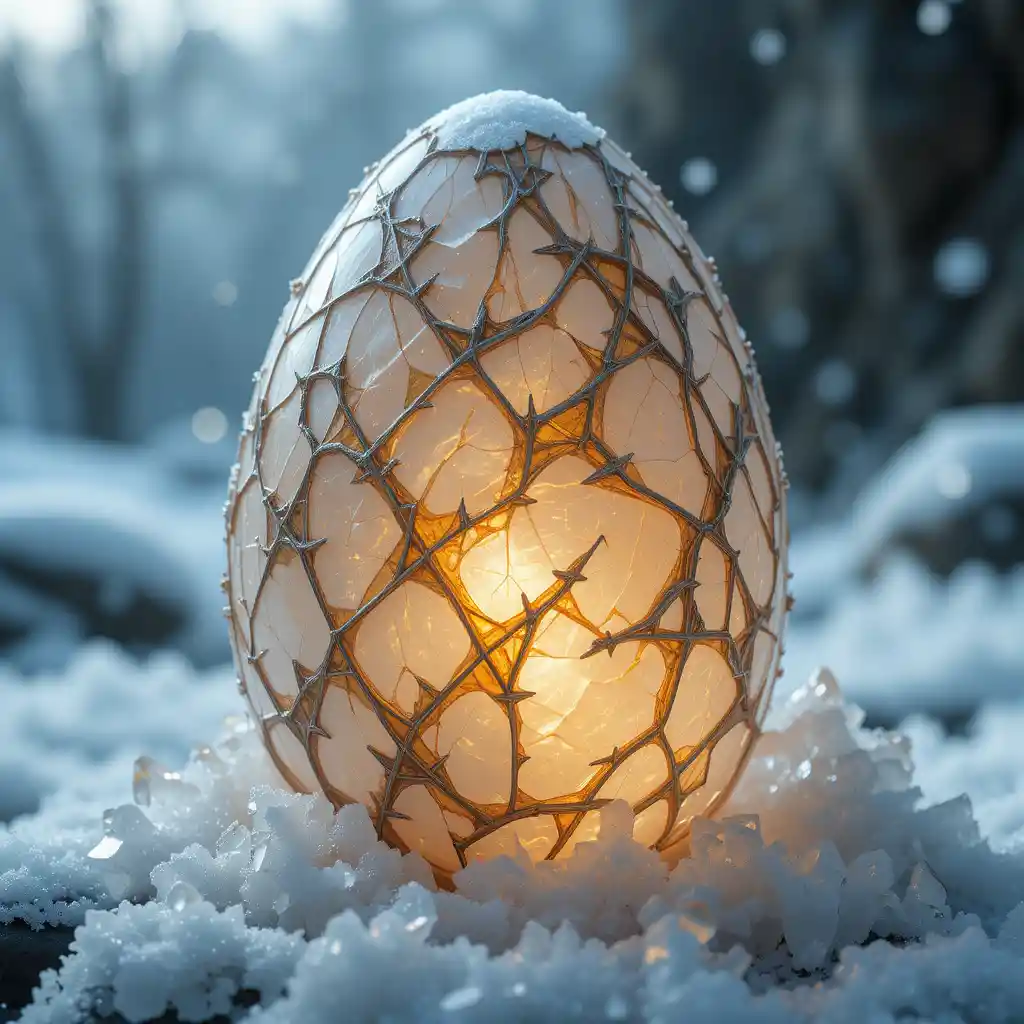 Crystal dragon egg resting in freezing snow and ice