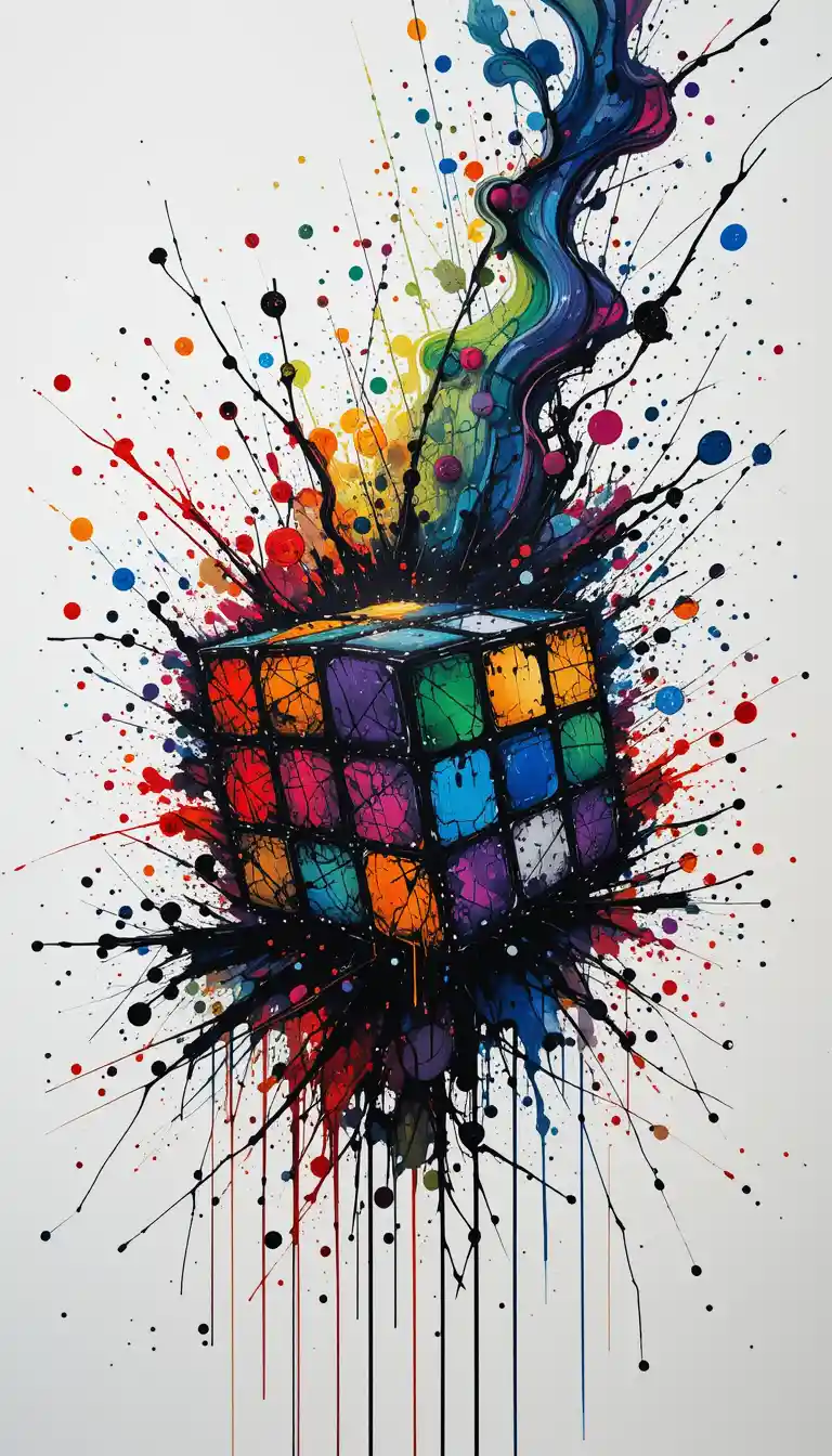 Abstract ink splash with puzzle cube on white background