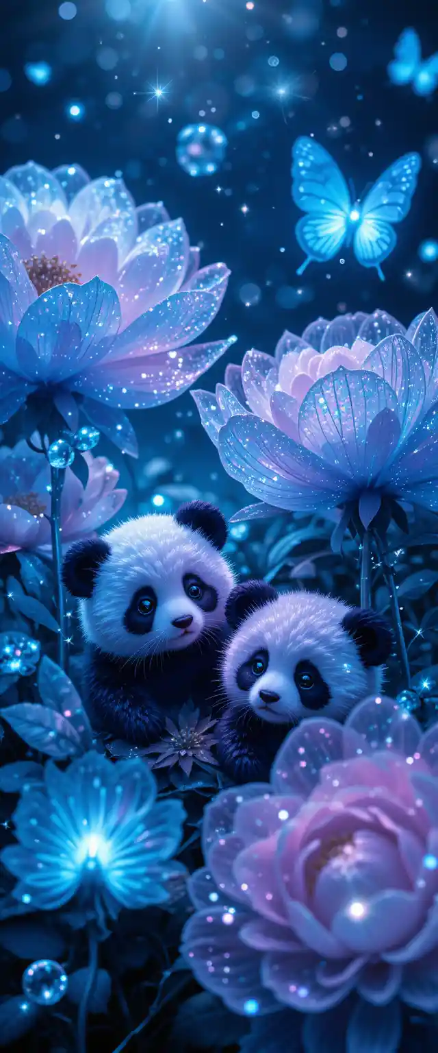Double exposure chibi pandas with neon flowers