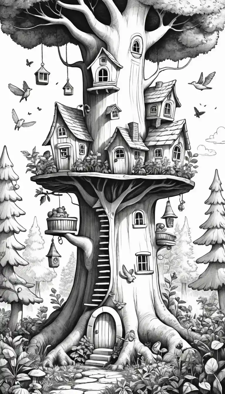 Friendly forest giants in a magical woodland coloring page