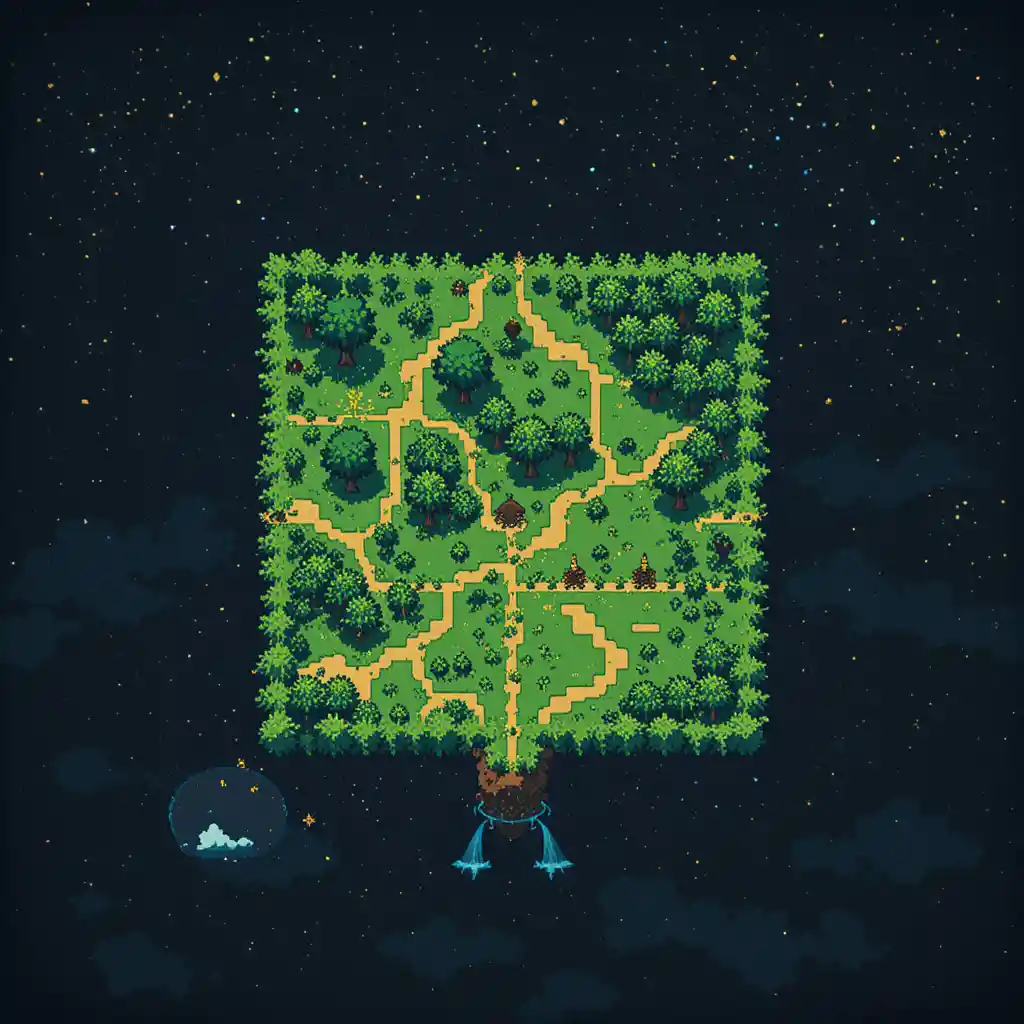 Terreno quadrato in pixel art con erba e alberi in vista mappa