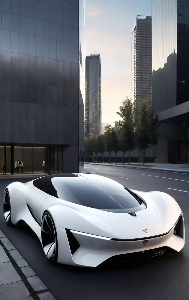 Voiture concept blanche futuriste dans un décor urbain moderne