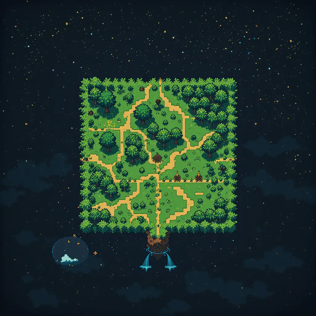 Pixel art terrain square with grass and trees map view