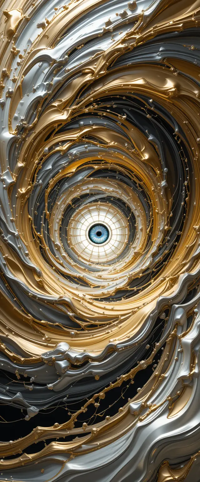 Abstract swirling vortex of gold silver and hidden eye