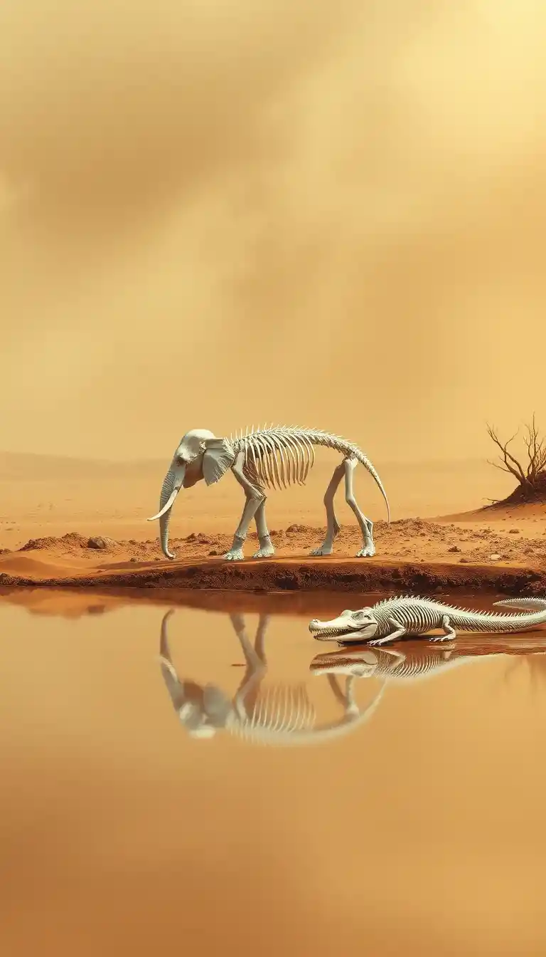Bleak desert with white elephant and crocodile skeletons