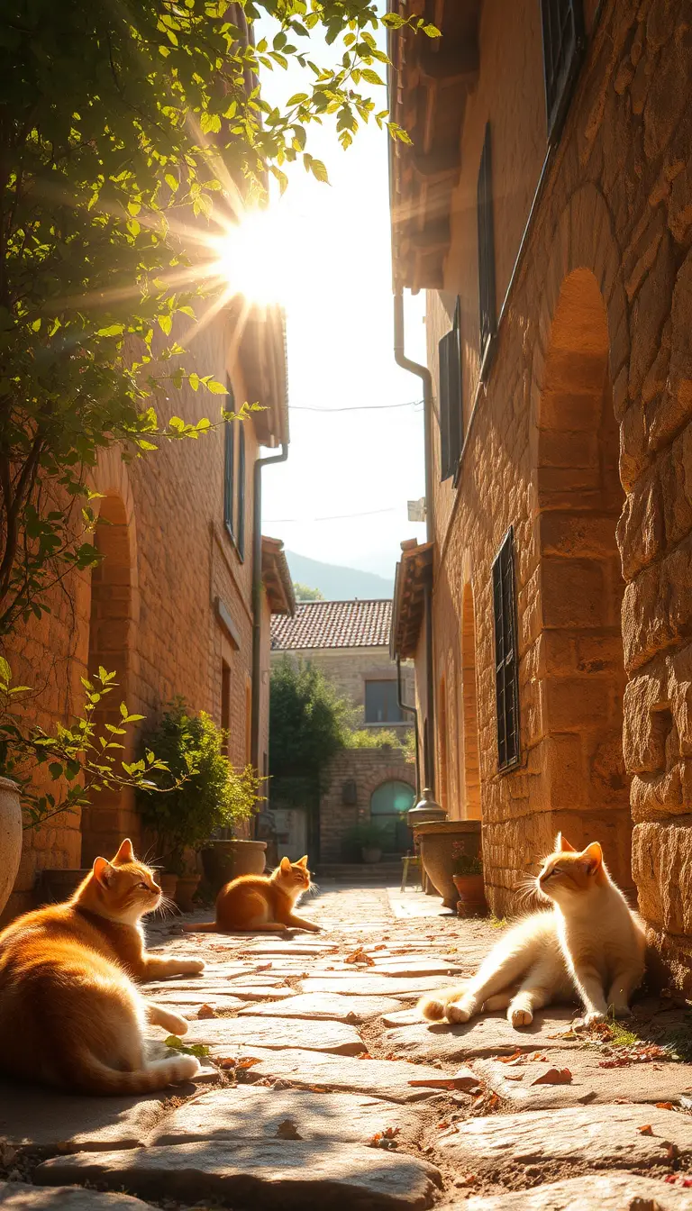 Sunlit ancient alleyway with sleepy cats in shade