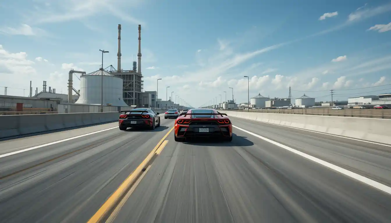 High speed super sports cars racing on urban track