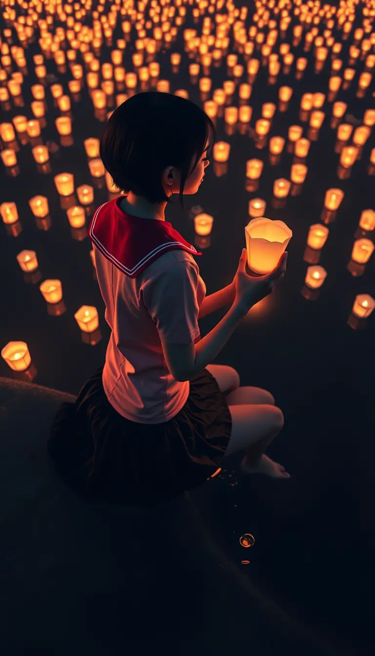 Girl Sitting By Lantern Lit Lake At Dusk