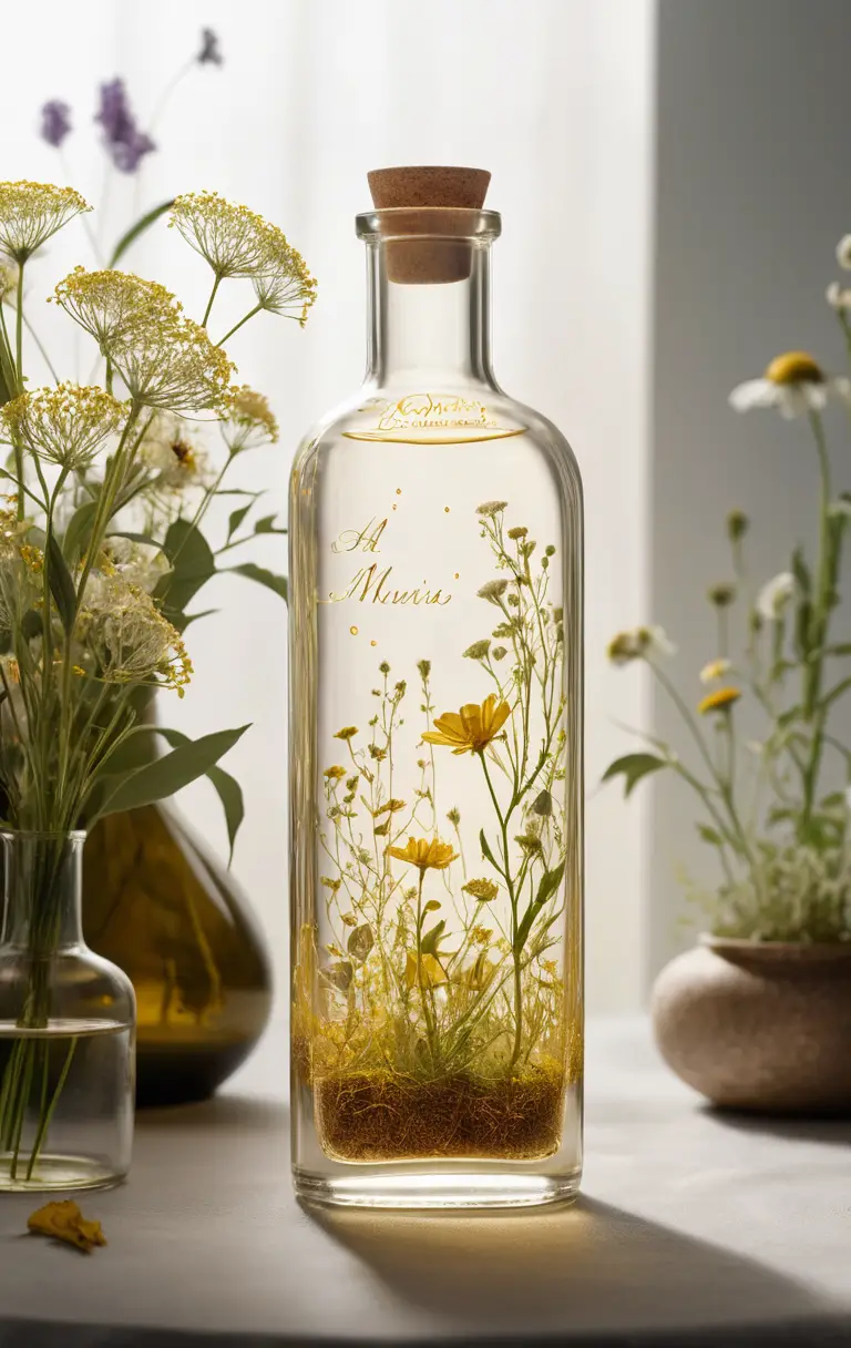 Magical Glass Bottle With Wildflowers In Golden Liquid Glow