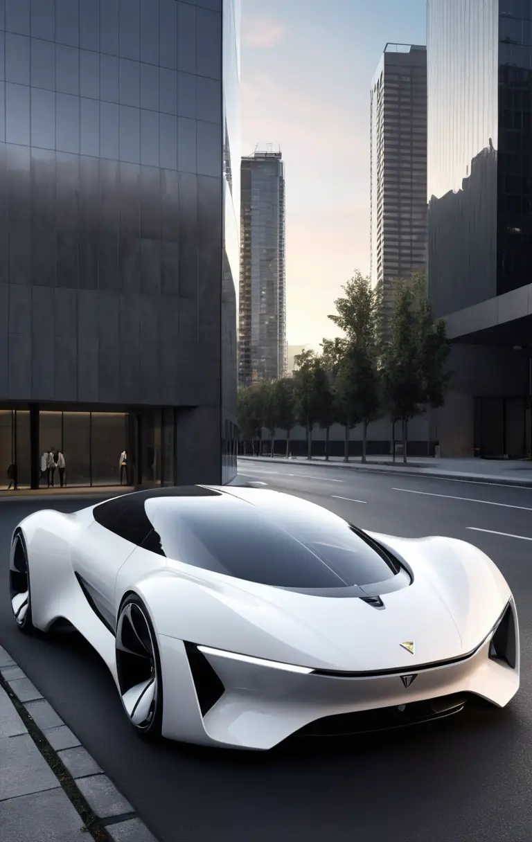 Futuristic white concept car in modern urban setting