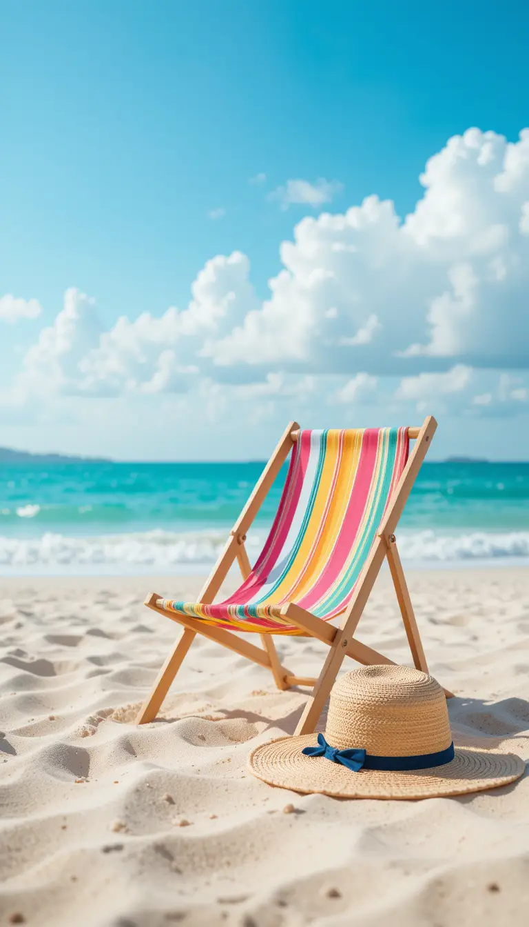Colorful beach chair on sunny tranquil shoreline