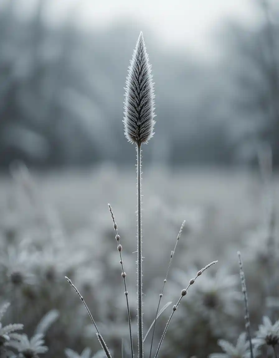 Single frosted grass stem in soft gray background