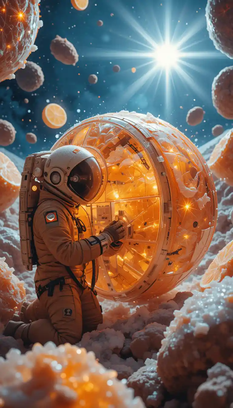 Astronaut Repairing Transparent Citrus Shaped Spacecraft Close Up