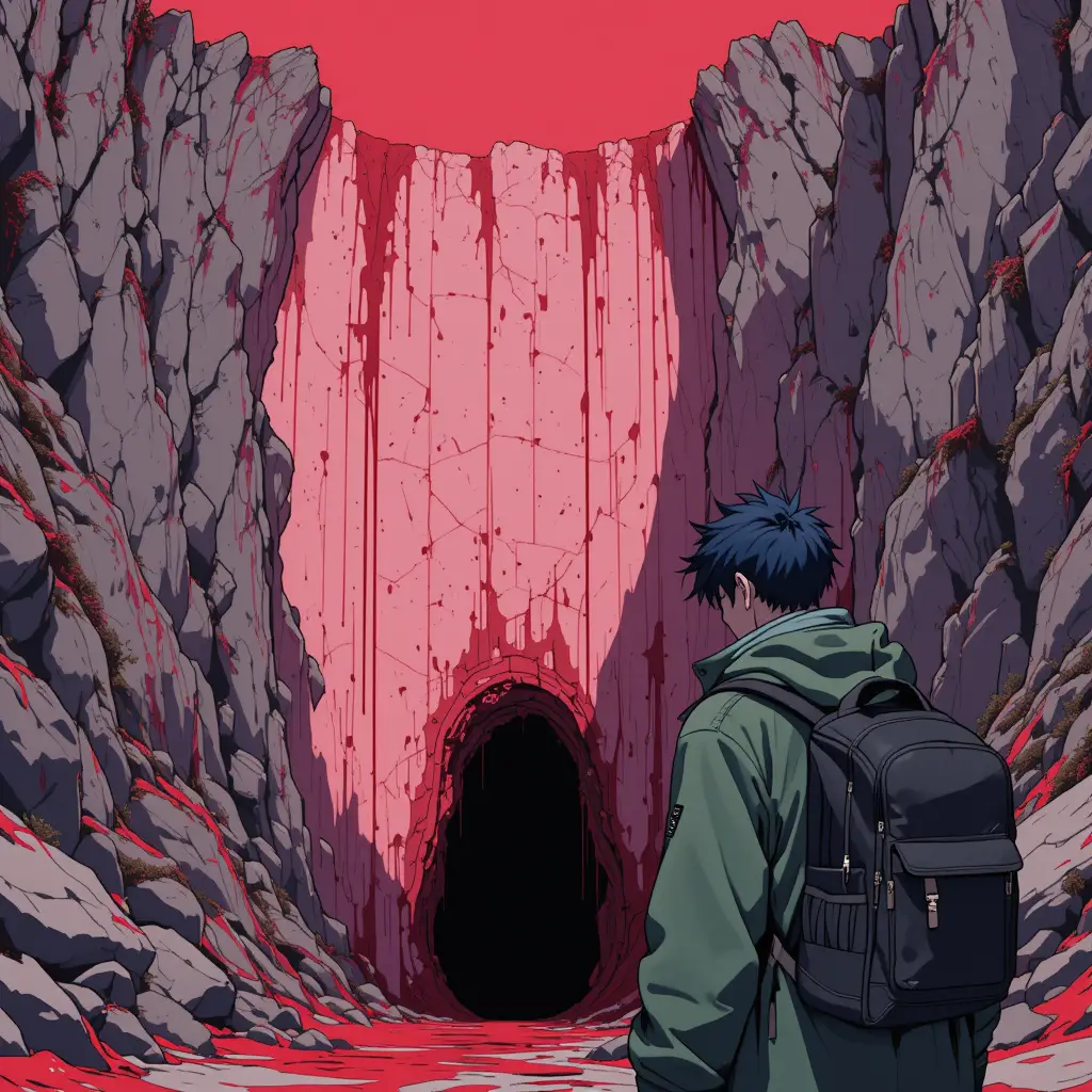 Anime man before grotesque pink wall in mountain pass