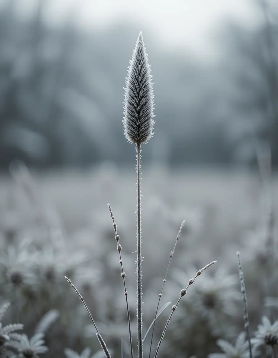 Single frosted grass stem in soft gray background