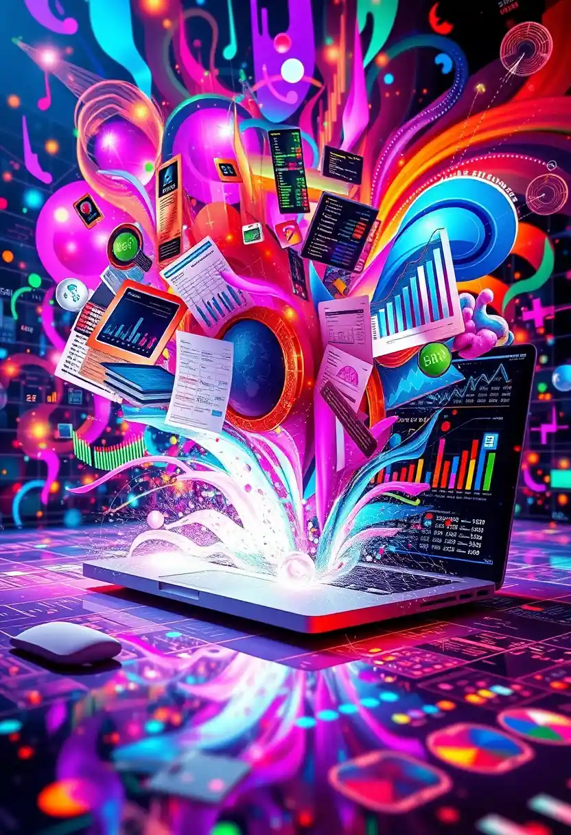 Laptop in esplosione che rilascia vivaci visual astratti di dati