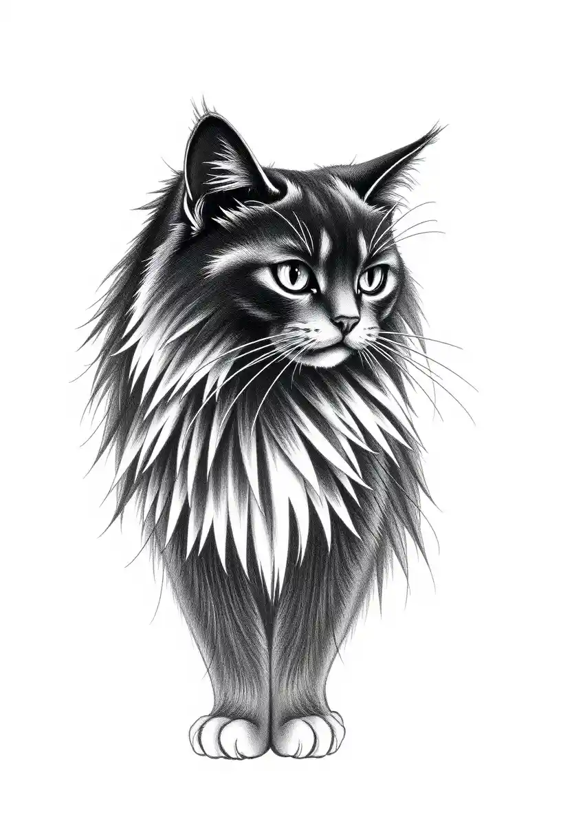 Minimal line drawing portrait of a long haired cat