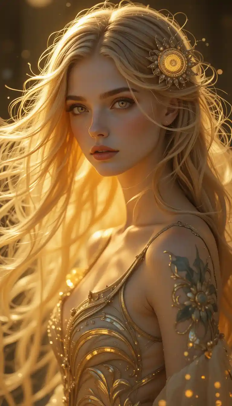 Mystical sun goddess with glowing eyes at night