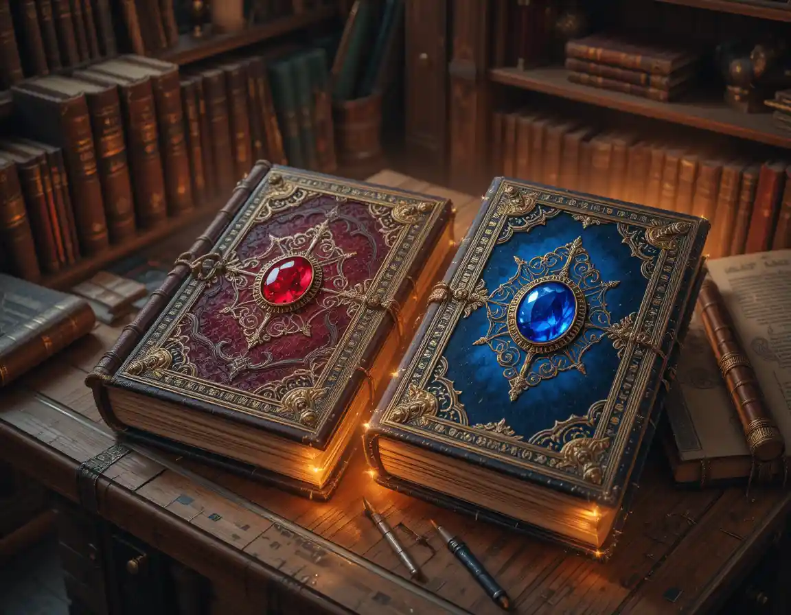 Antichi libri di magia che brillano su una scrivania di biblioteca