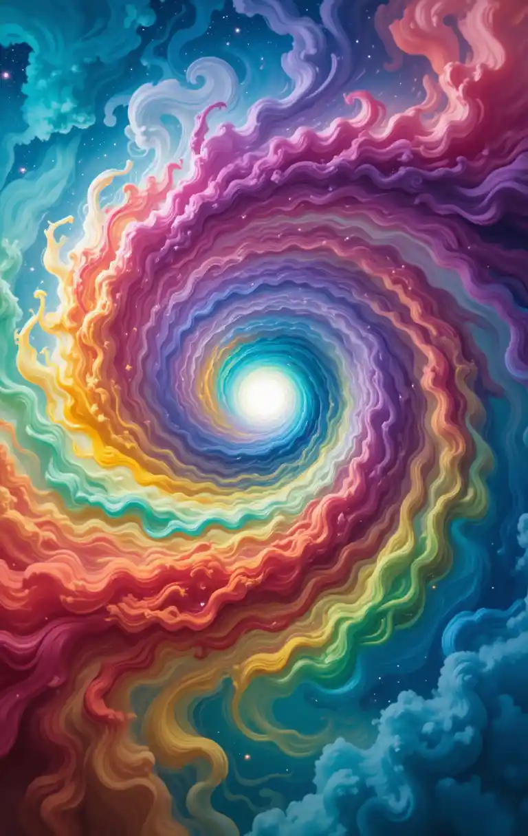 Kaleidoscopic hurricane of swirling rainbow colored clouds