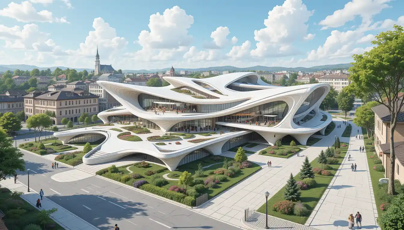 Futuristic Ecological Market Building On City Street
