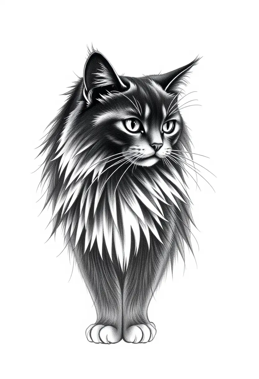Minimal line drawing portrait of a long haired cat