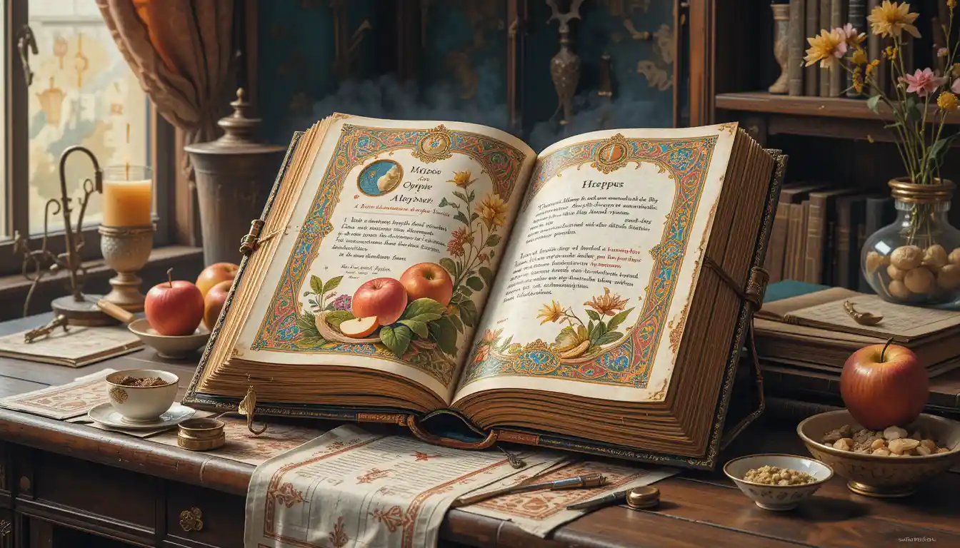 Watercolor still life of an illuminated recipe manuscript