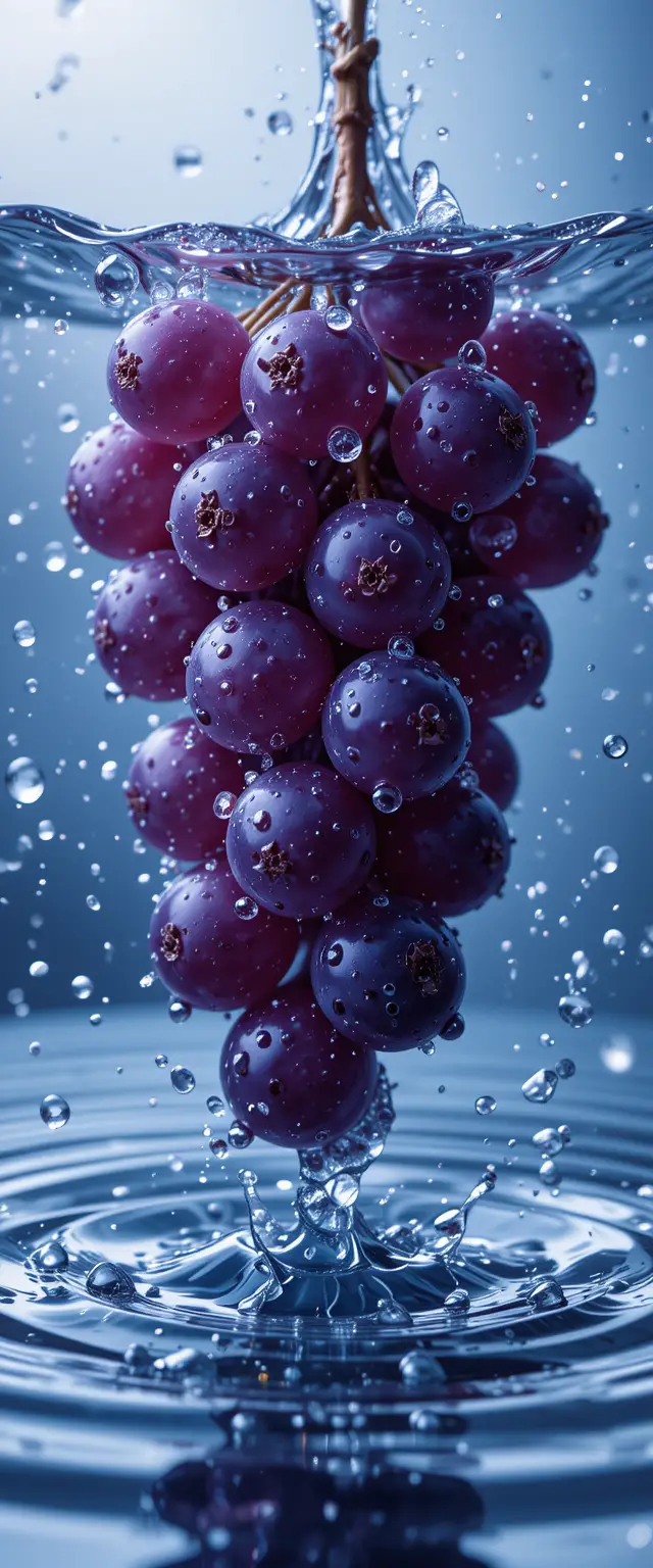 Purple Grapes Splashing Into Clear Water In Close Up