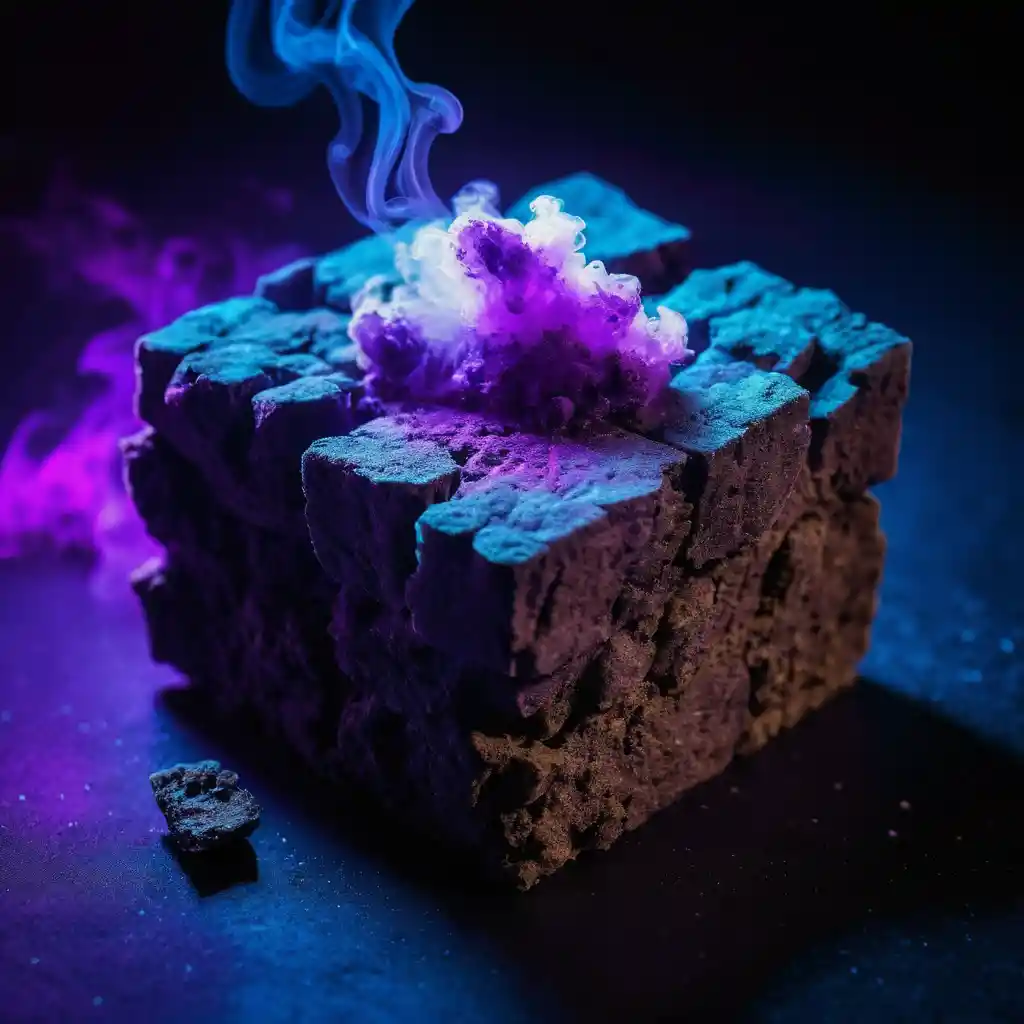Hashish block in neon purple and blue smoke