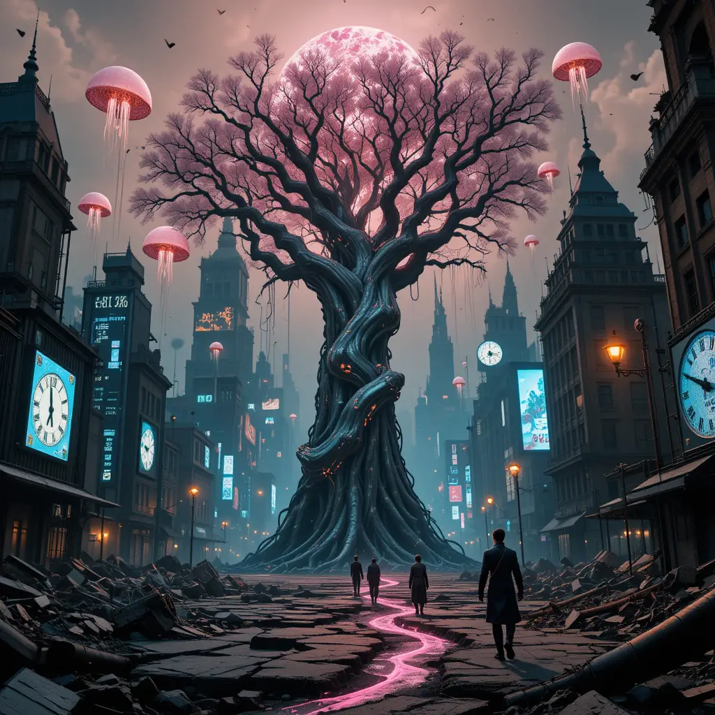 Árbol neón biomecánico que se alza sobre una ciudad futurista