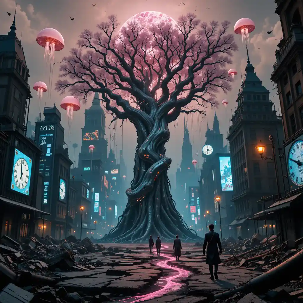 Biomechanical neon tree towering over a futuristic city