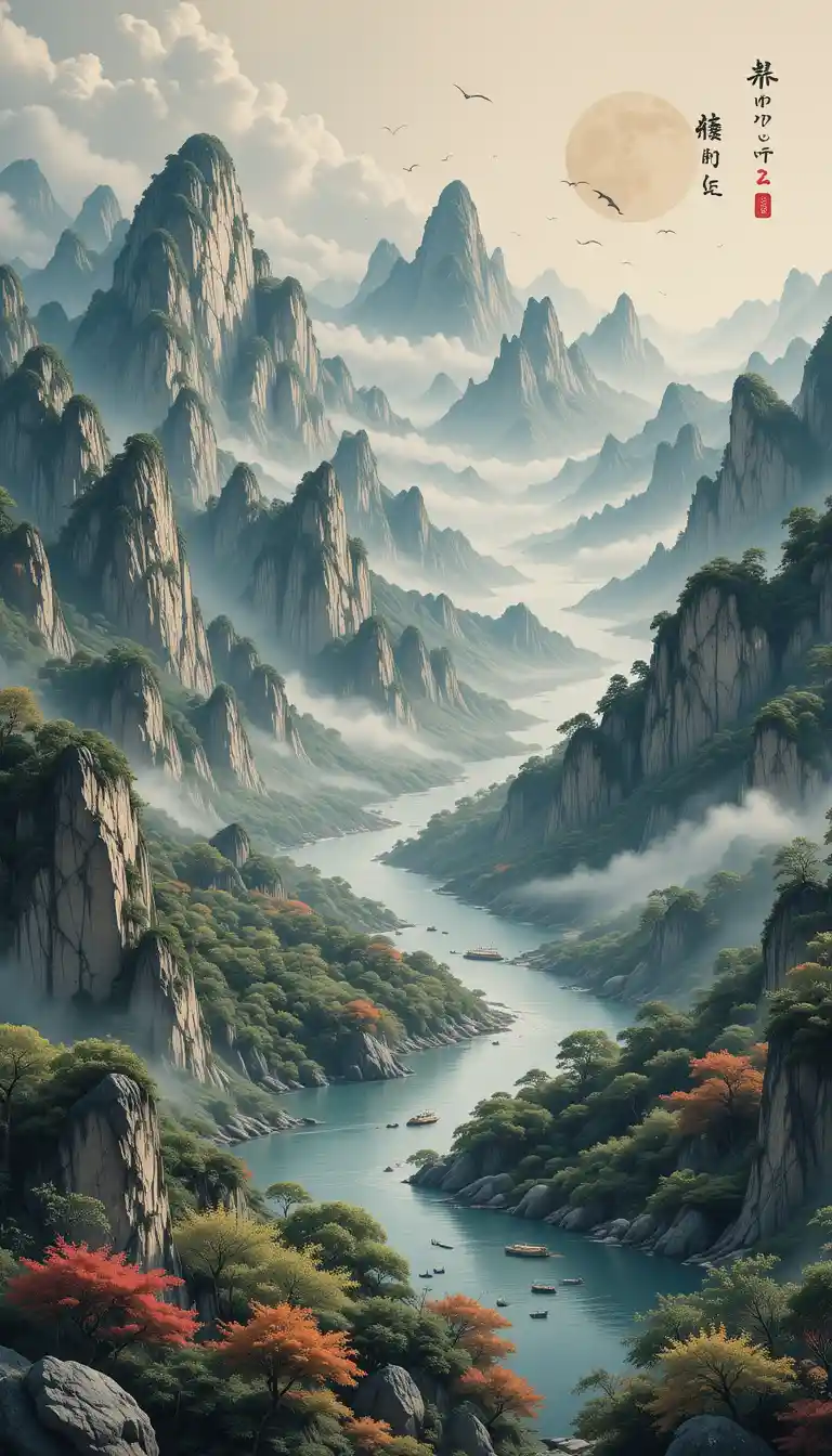 Majestuoso paisaje de río de montaña en estilo de pintura china