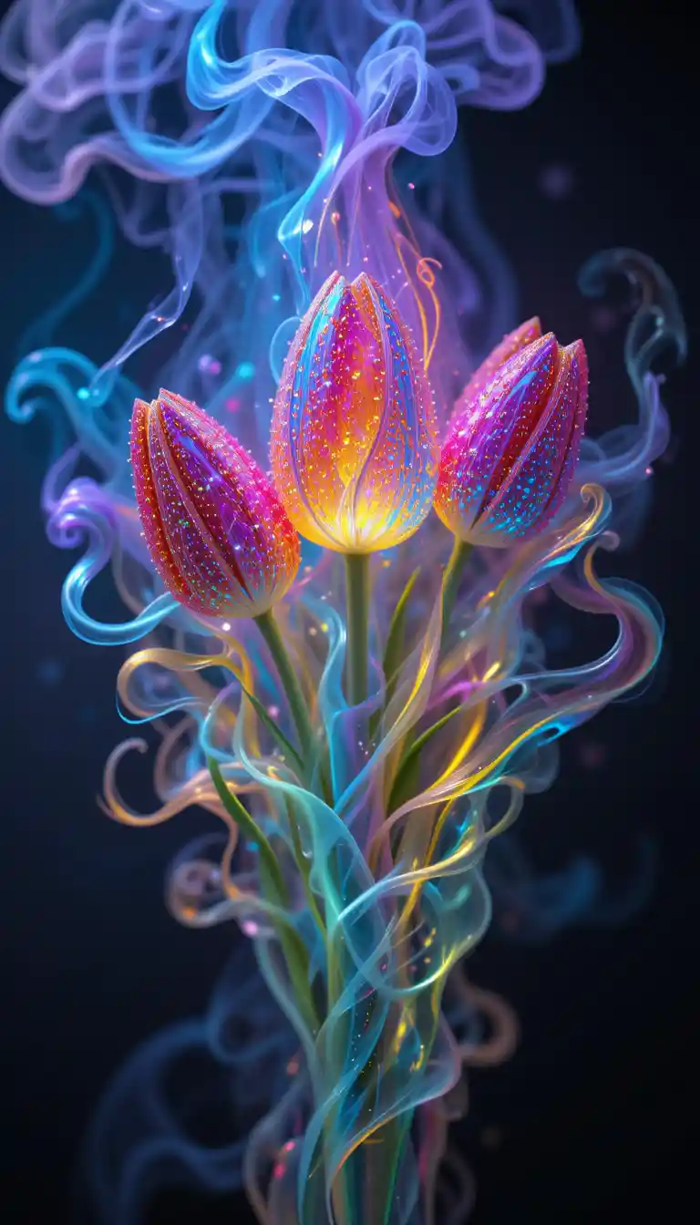 Rainbow crystal tulip bouquet with glowing abstract smoke