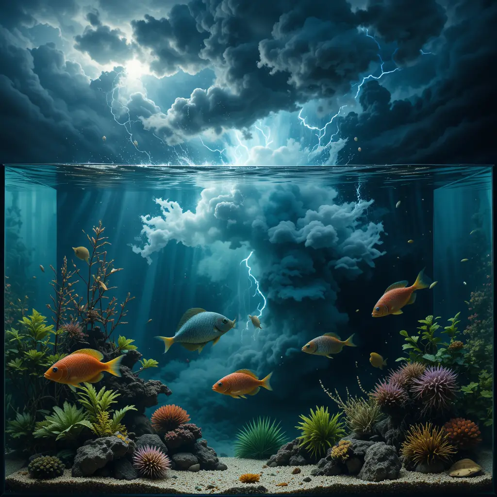 Surreal storm swirling above calm fish in aquarium