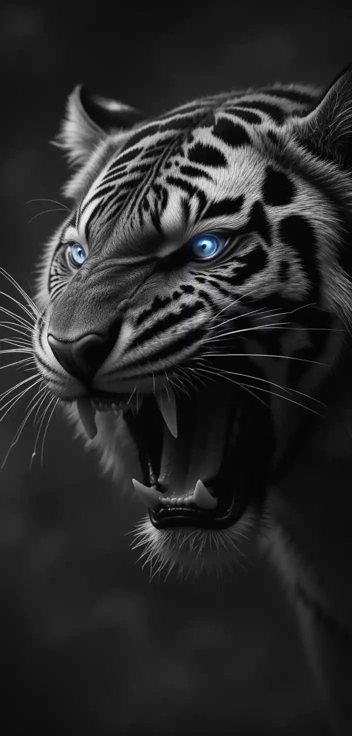 Snarling tiger close up with glowing eyes in smoke