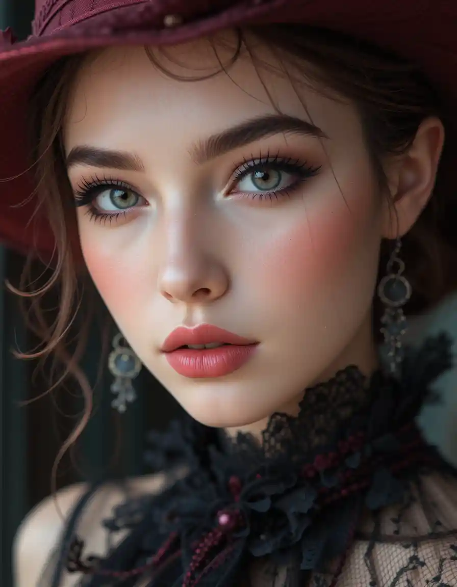 Romantic portrait of a woman in a Victorian feathered hat