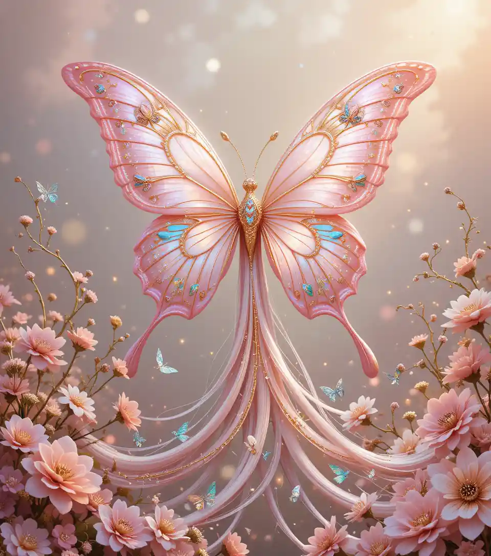 Majestic pink butterfly in an enchanted floral dreamscape