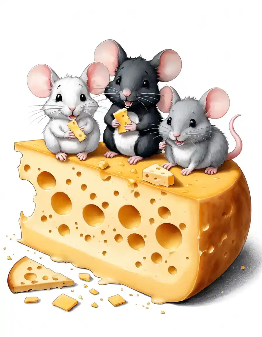 Three stuffed mice relaxing on a giant piece of cheese