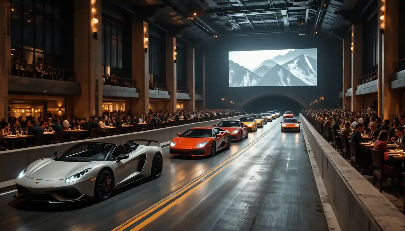 Sportwagen fahren durch eine dunkle Straße in einem Indoor‑Restaurant