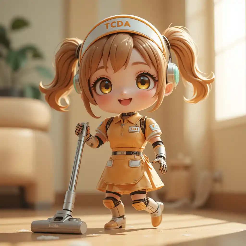 Cheerful Chibi Robot Girl Vacuuming A Cozy Room
