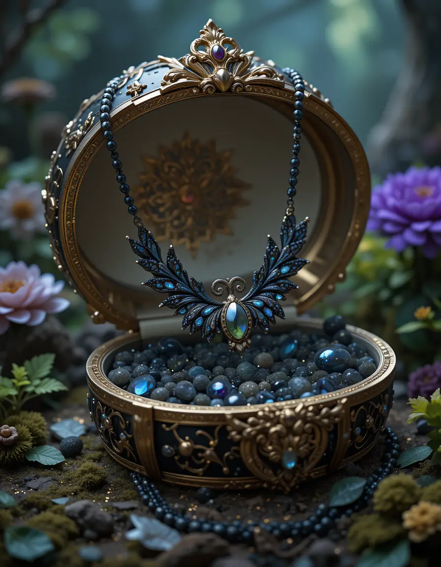 Magical black necklace in a fairy tale jewelry box