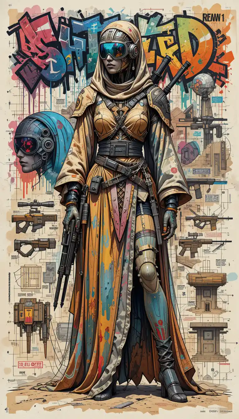 Cybernetic desert nomad girl in adaptive tribal robes
