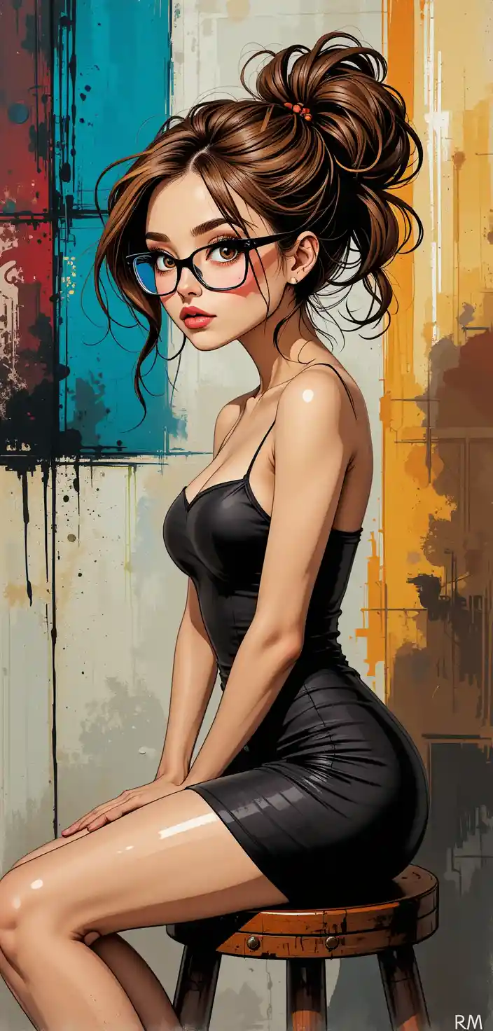 Cartoon woman in glasses and bun sitting on stool