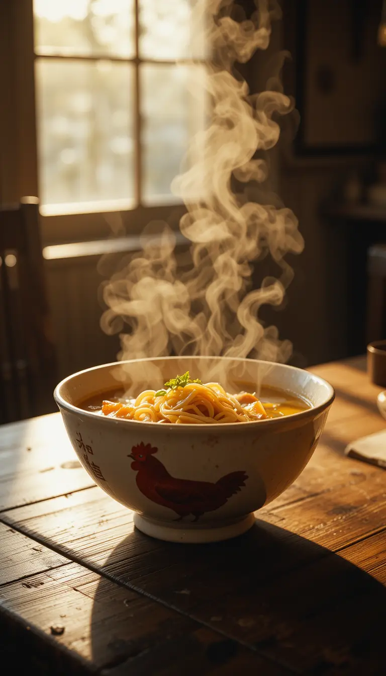 Steaming bowl of chicken noodle soup on wooden table
