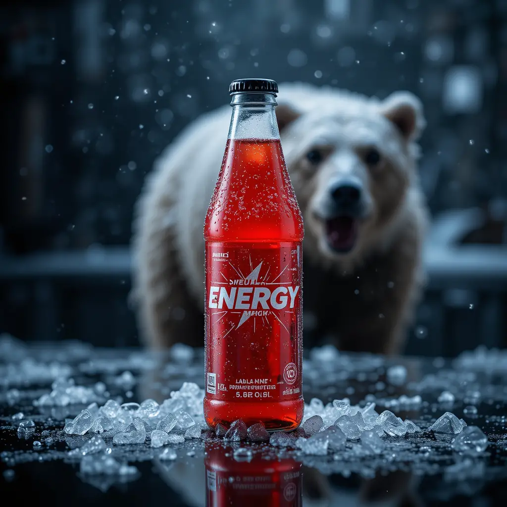 Energy drink bottle on black reflective table with blurred bear