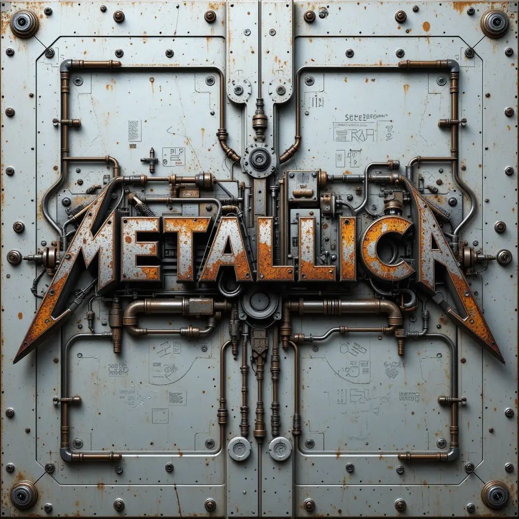 Futuristic metallic typography embedded in industrial machinery