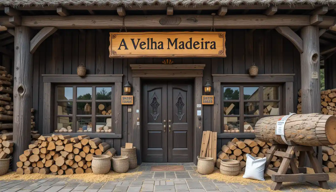 Rustic wooden timber shop with carved sign and logs outside