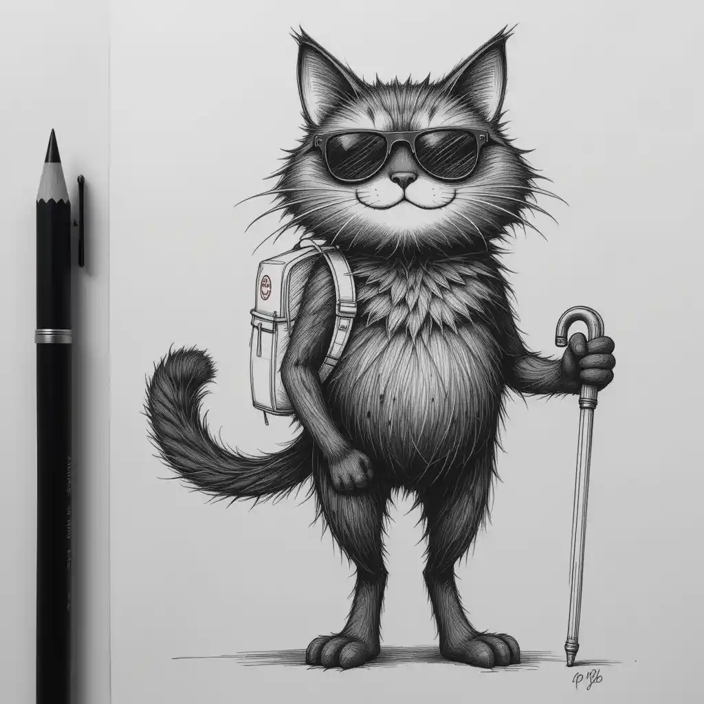 Fluffy anthropomorphic black cat sketch with sunglasses and cane